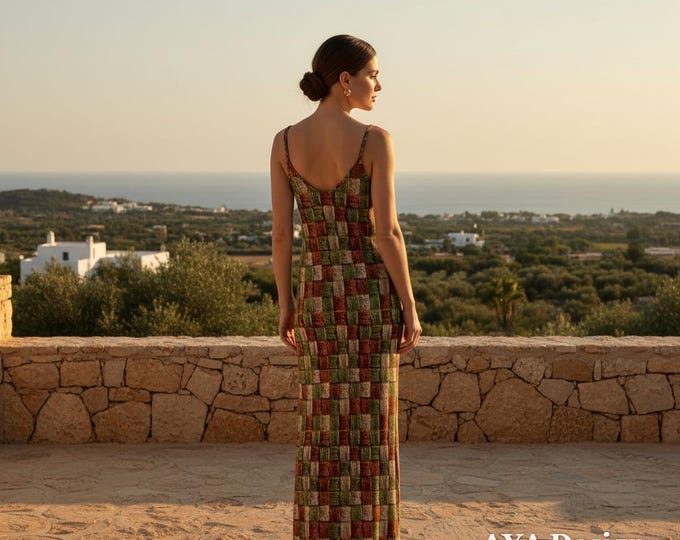 Retro 70s Woven Print Maxi Dress | Boho Earthy Tones Festival Outfit