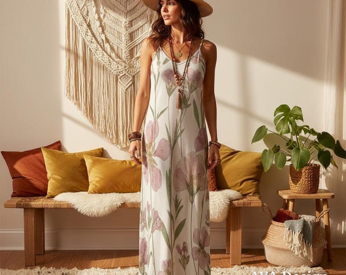 Botanical Pressed Flower Maxi Dress, Boho Cottagecore Garden Party Slip Dress