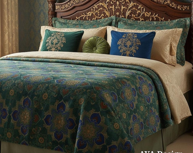 Mughal Floral Fleece Throw Blanket | Emerald Green Bohemian Mandala Couch Cover