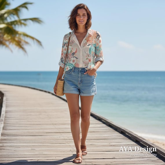 Pastel Floral Button Down Shirt | Cropped Irregular Hem Blouse | Boho Vacation Top