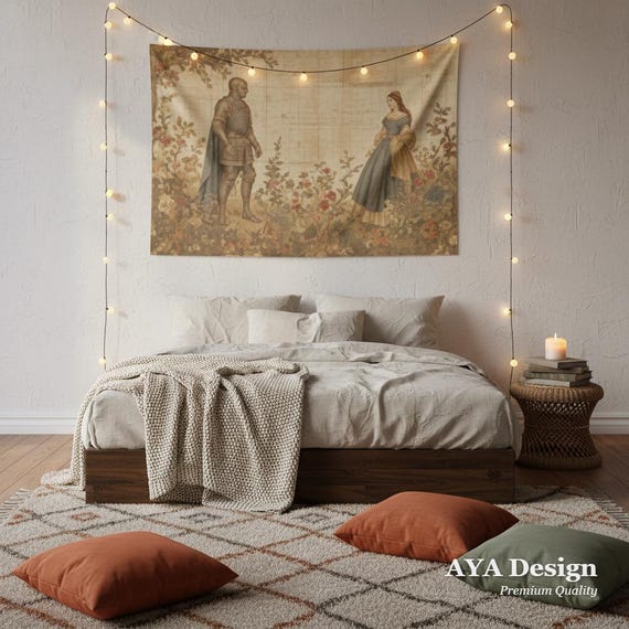 Medieval Knight Lady Tapestry, Romantic Renaissance Wall Decor, Castlecore Fairytale Hanging