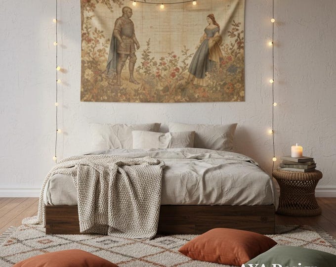 Medieval Knight Lady Tapestry, Romantic Renaissance Wall Decor, Castlecore Fairytale Hanging