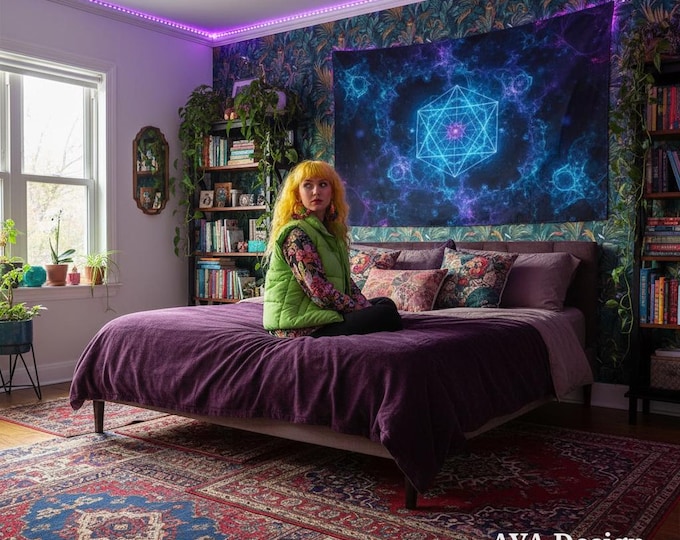 Sacred Geometry Tapestry, Fractal Cosmic Wall Hanging, Psychedelic Room Decor, Meditation Backdrop