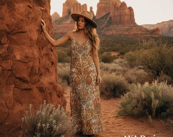 Vestido largo bohemio floral vintage, estilo Art Nouveau botánico terroso con tirantes hasta el tobillo