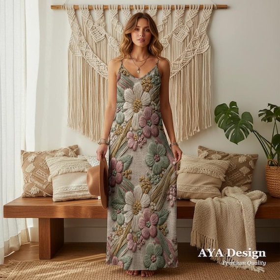 3D Floral Embroidery Print Maxi Dress, Trompe Loeil Boho Sundress, Cottagecore Summer Long Dress