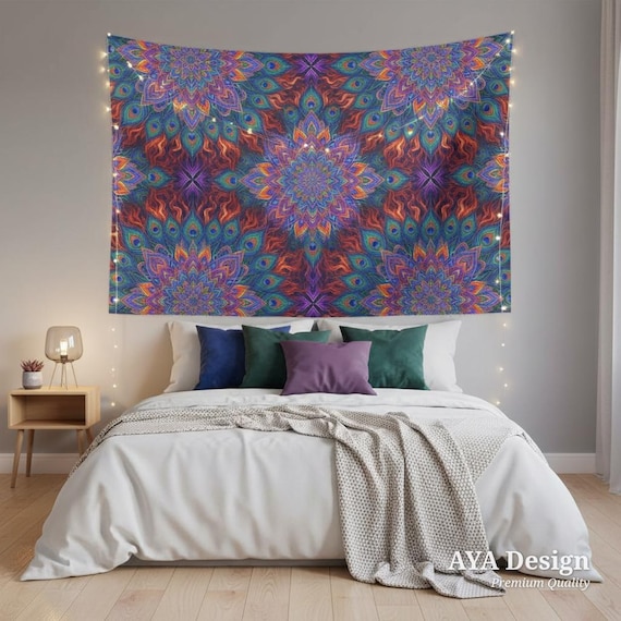Vibrant Peacock Mandala Tapestry | Boho Dorm Decor, Meditation Art, Psychedelic Wall Hanging