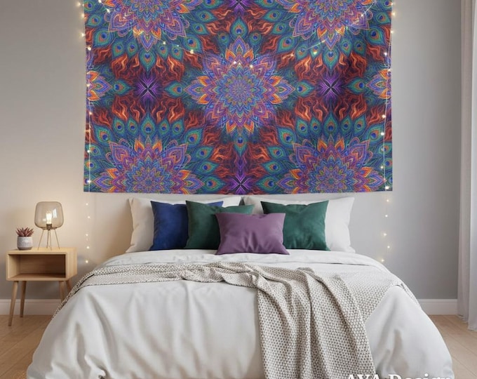 Vibrant Peacock Mandala Tapestry | Boho Dorm Decor, Meditation Art, Psychedelic Wall Hanging