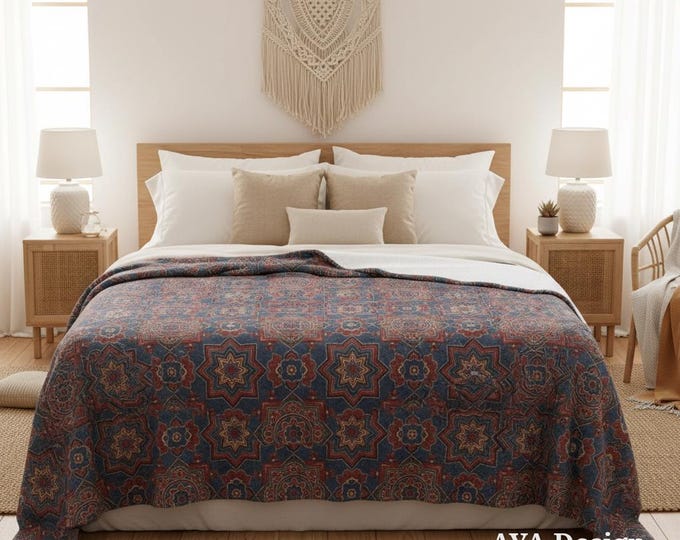 Ajrakh Fleece Throw Blanket, Sindhi Block Print Geometric Bedspread, Boho Couch Cover