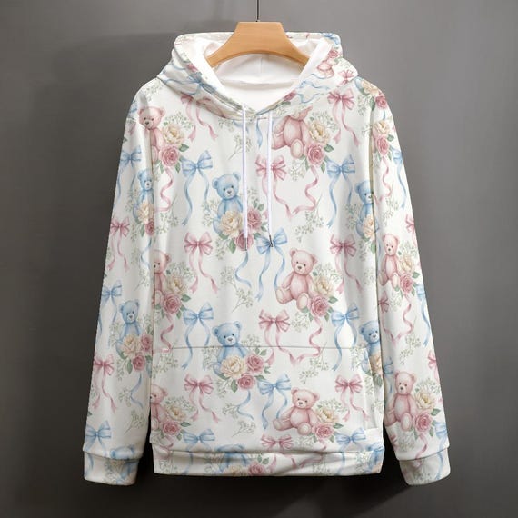 Kawaii Teddy Bear All-Over Print Hoodie, Pastel Soft Girl Pullover, Vintage Y2K Jumper