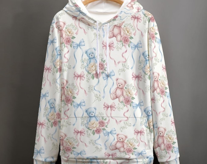 Kawaii Teddy Bear All-Over Print Hoodie, Pastel Soft Girl Pullover, Vintage Y2K Jumper