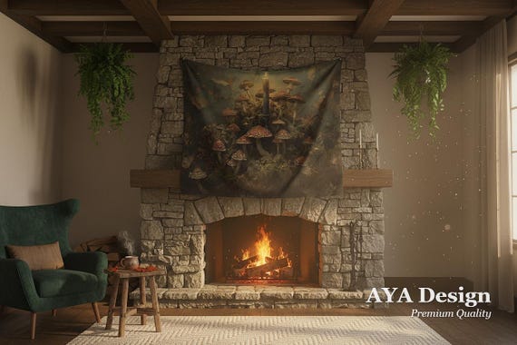 Dark Academia Mushroom Tapestry - Vintage Botanical Fungi Wall Hanging Moody Maximalist Decor