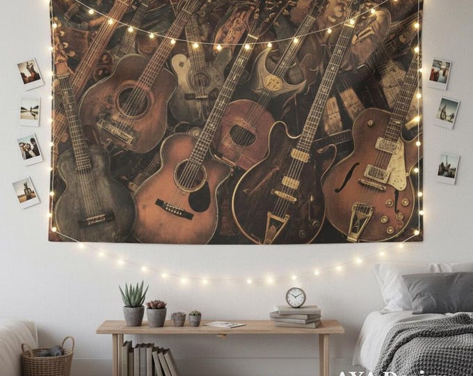 Guitar Tapestry Around the World Collage  – Art Deco Wall Art