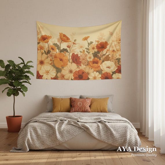 Retro Floral Tapestry, 70s Botanical Wall Hanging, Warm Boho Decor, Large Flower Art 60x40 USA