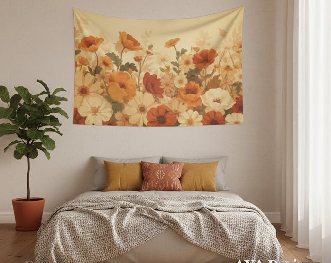 Retro Floral Tapestry, 70s Botanical Wall Hanging, Warm Boho Decor, Large Flower Art 60x40 USA