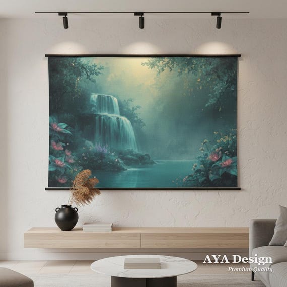 Enchanted Waterfall Tapestry – Magical Forest Scene, Soft Peach Skin Fabric (90x60)
