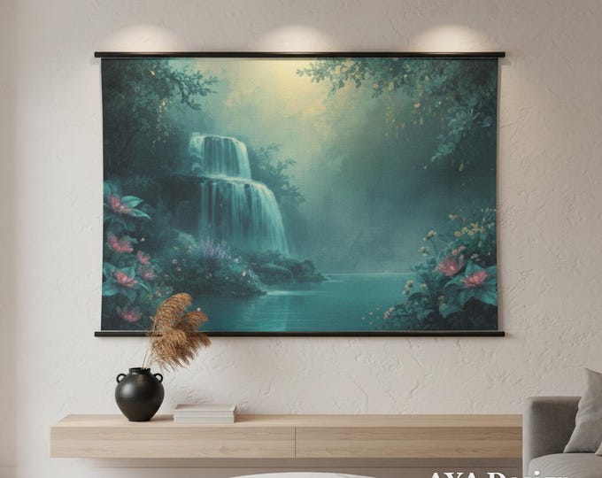 Enchanted Waterfall Tapestry – Magical Forest Scene, Soft Peach Skin Fabric (90x60)