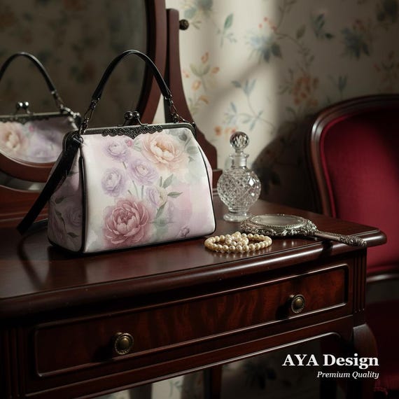 Vintage Floral Kisslock Bag - Watercolor Peony Crossbody Cottagecore Purse