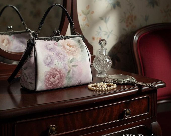 Vintage Floral Kisslock Bag - Watercolor Peony Crossbody Cottagecore Purse