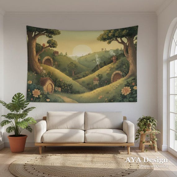 Hobbit Village Tapestry, Cottagecore Room Decor, Fantasy Landscape Wall Art, Fairycore Bedroom Aesthetic, Cozy Reading Nook Decor, 60x40