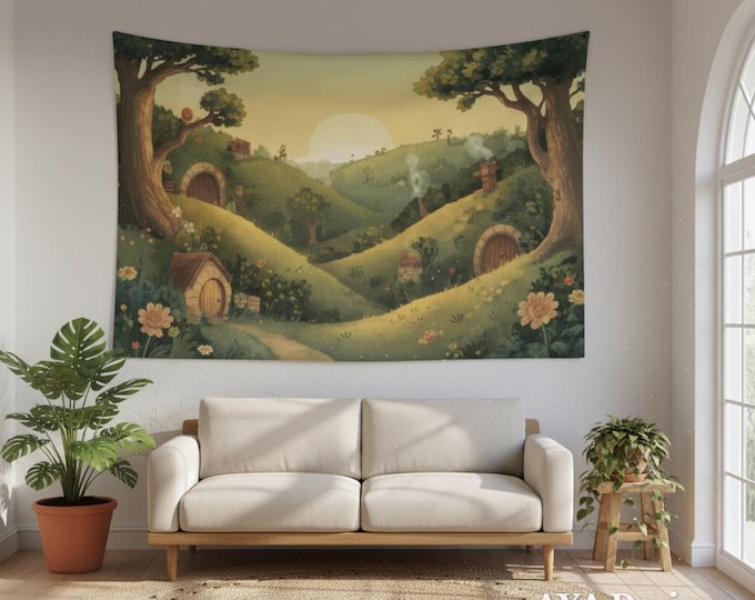 Hobbit Village Tapestry, Cottagecore Room Decor, Fantasy Landscape Wall Art, Fairycore Bedroom Aesthetic, Cozy Reading Nook Decor, 60x40