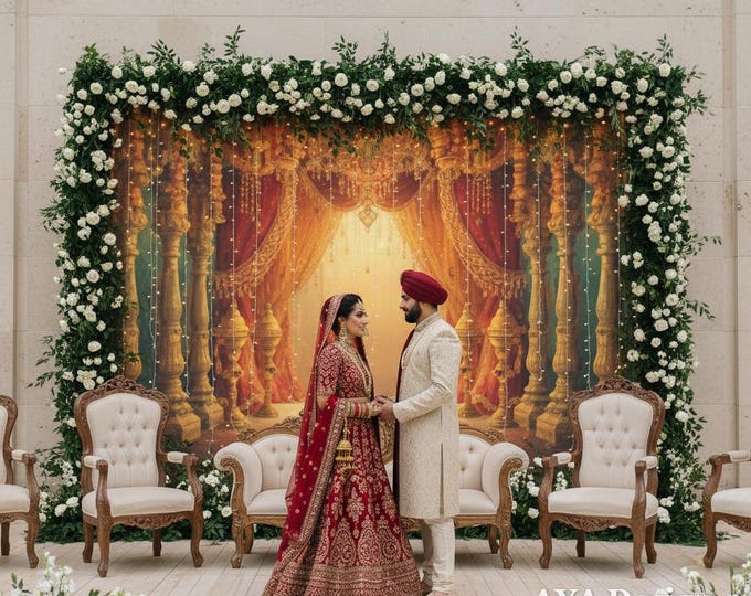 Royal Indian Wedding Backdrop, Haldi Mehndi Ceremony Decor, Mandap Tapestry, 7.5ft x 5ft
