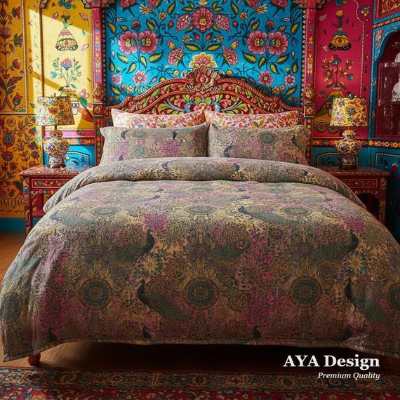 Pakistani Truck Art Fleece Blanket | Peacock Floral Boho Throw Bedding