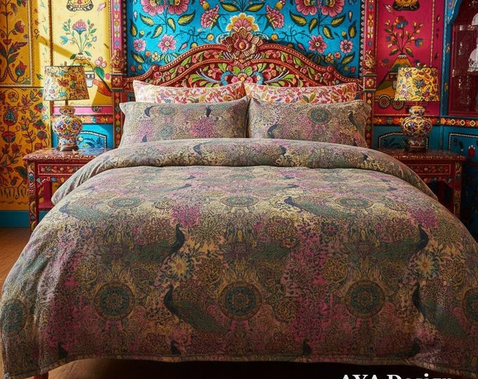 Pakistani Truck Art Fleece Blanket | Peacock Floral Boho Throw Bedding