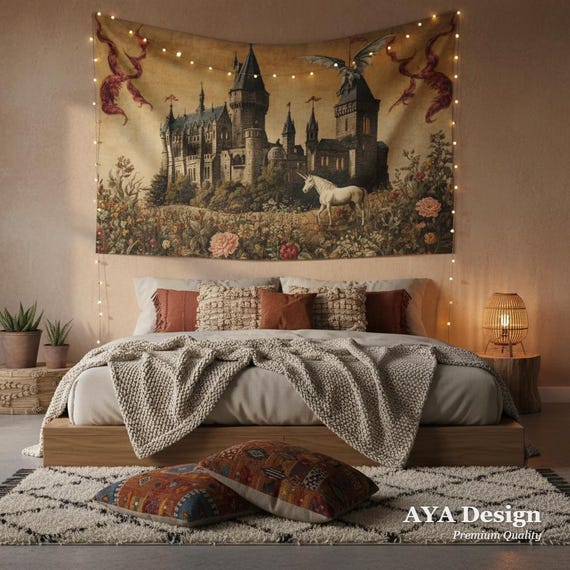 Medieval Castle Tapestry, Dragon Unicorn Wall Hanging, Dark Academia Romantasy Decor