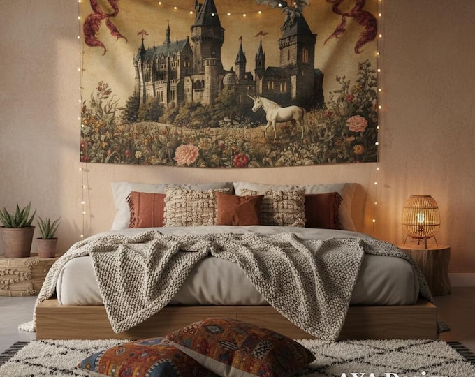 Medieval Castle Tapestry, Dragon Unicorn Wall Hanging, Dark Academia Romantasy Decor