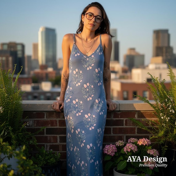 Blue Floral Maxi Slip Dress | Boho Cottagecore V-Neck Sundress