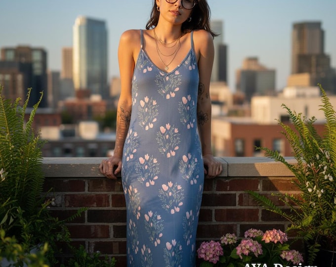 Blue Floral Maxi Slip Dress | Boho Cottagecore V-Neck Sundress