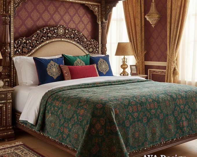 Emerald Green Mughal Floral Throw Blanket, Boho Maximalist Persian Style Bedding