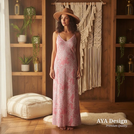 Pink Floral Maxi Slip Dress | Boho Cottagecore Summer Sundress, Beach Cover-Up