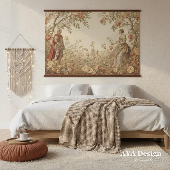 Medieval Knight Lady Tapestry, Romantic Renaissance Floral Wall Hanging