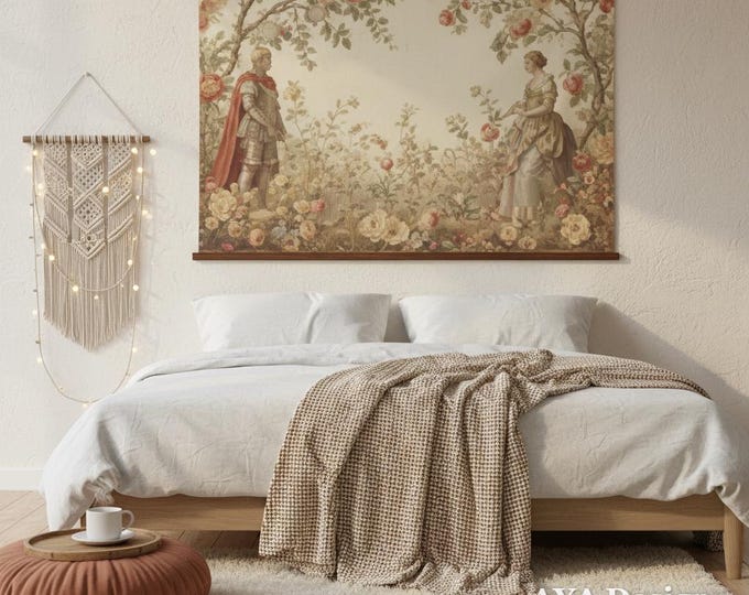 Medieval Knight Lady Tapestry, Romantic Renaissance Floral Wall Hanging