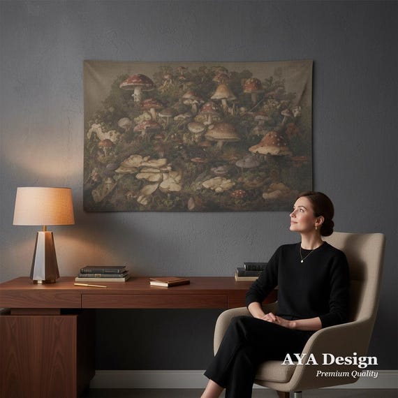 Dark Academia Mushroom Tapestry, Vintage Botanical Fungi Wall Art, Moody Goblincore Decor
