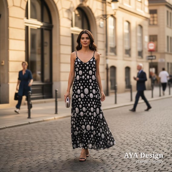 AYA Design Abstract Dot Maxi Dress, V-Neck Spaghetti Strap Summer Vacation Wedding Guest