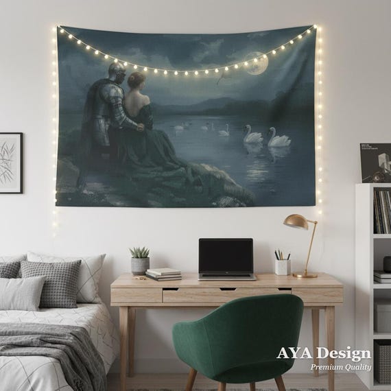 Medieval Knight Swan Lake Tapestry | Romantic Dark Fantasy Wall Hanging
