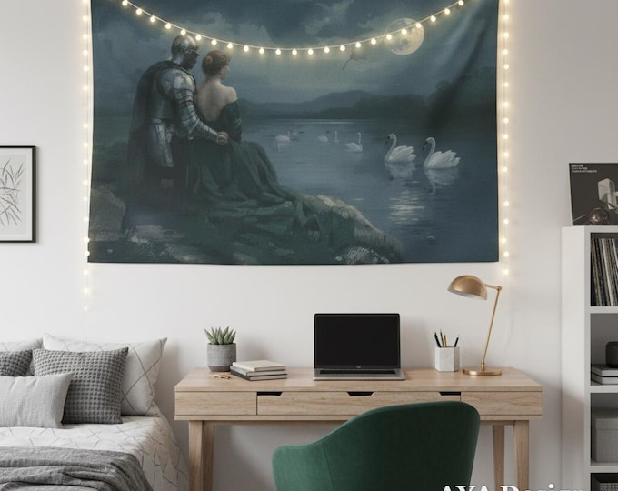 Medieval Knight Swan Lake Tapestry | Romantic Dark Fantasy Wall Hanging