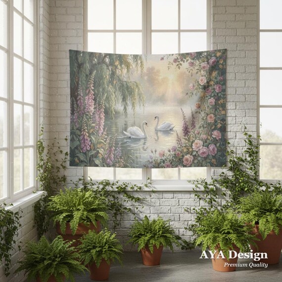 Linen Cotton Tapestry 60"x40" Swans, Roses, Willow Tree Scene (Made in USA)