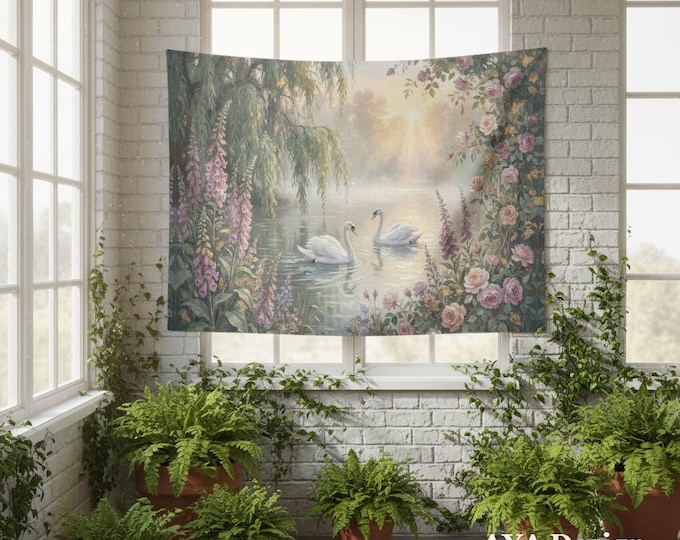 Linen Cotton Tapestry 60"x40" Swans, Roses, Willow Tree Scene (Made in USA)