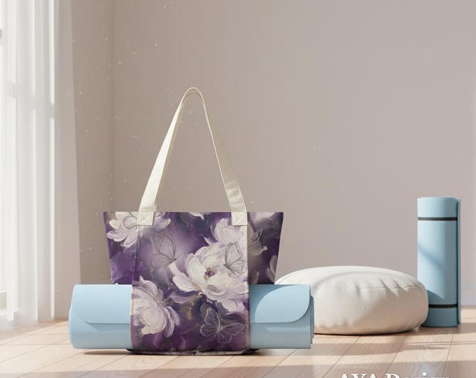 Floral Butterfly Yoga Mat Bag – Purple Peony Cotton Linen Tote Carrier