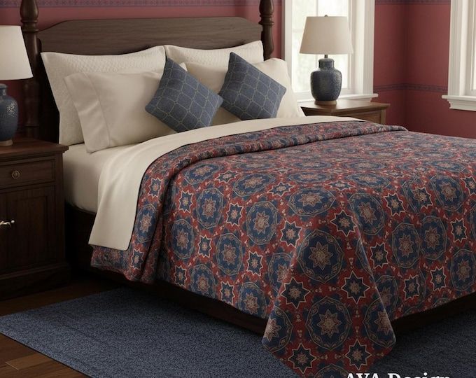 Ajrakh Print Fleece Blanket | Bohemian Sindhi Throw | Geometric Pattern Home Decor