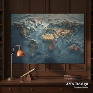Vintage Topographical World Map Tapestry | 3D Relief Illusion Wall Art, Wanderlust Decor