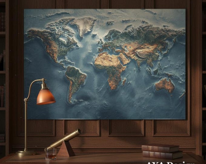 Vintage Topographical World Map Tapestry | 3D Relief Illusion Wall Art, Wanderlust Decor