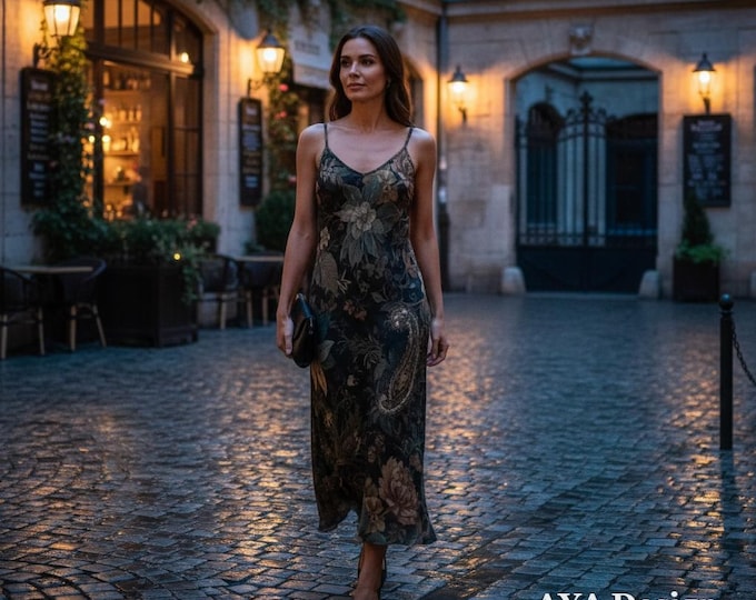 Dark Floral Maxi Slip Dress, Moody Botanical Vintage Style Gown