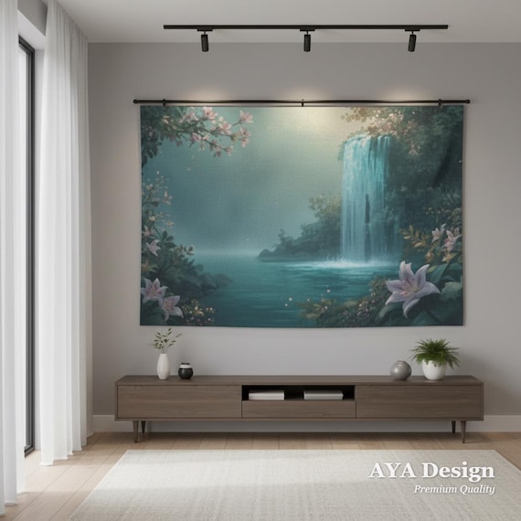 Ethereal Mystical Waterfall Tapestry - Peach Skin Nature Wall Hanging Boho Zen Decor AYA Design