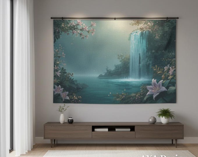 Ethereal Mystical Waterfall Tapestry - Peach Skin Nature Wall Hanging Boho Zen Decor AYA Design