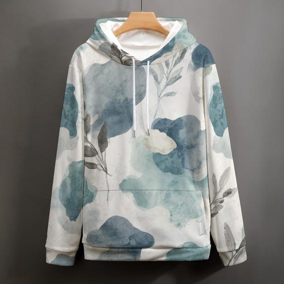 Watercolor Botanical Hoodie, Abstract Blue Leaf Sweatshirt, Cozy Pullover Loungewear