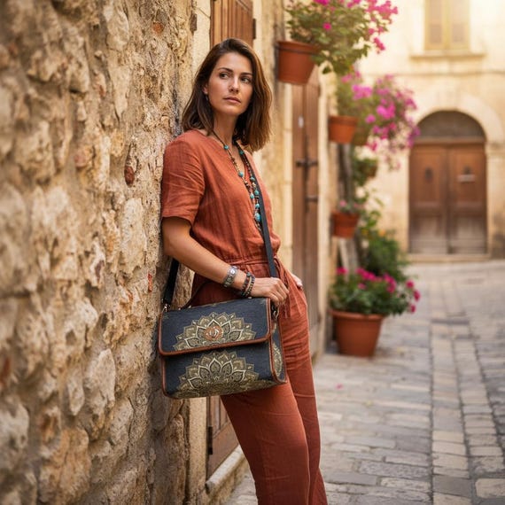 Black Gold Mandala Crossbody Bag | Waterproof Canvas Satchel, Dark Bohemian Messenger Purse
